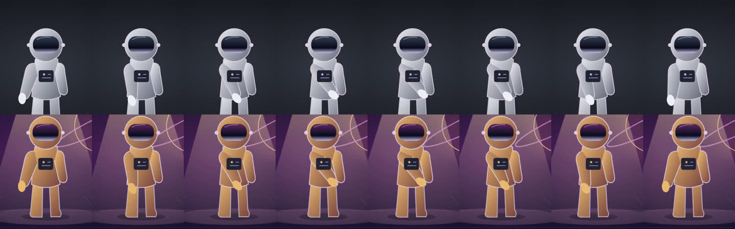 Frame-by-frame comparison: top row source, bottom row result, sampled every 16 frames; the same arm moves at the same moments