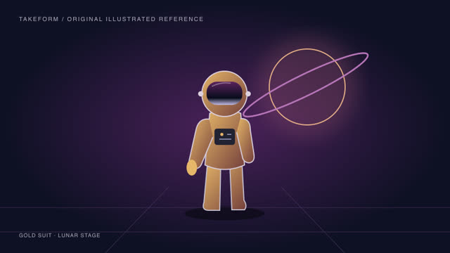Reference image: gold astronaut suit on a lunar stage with a ringed pink planet