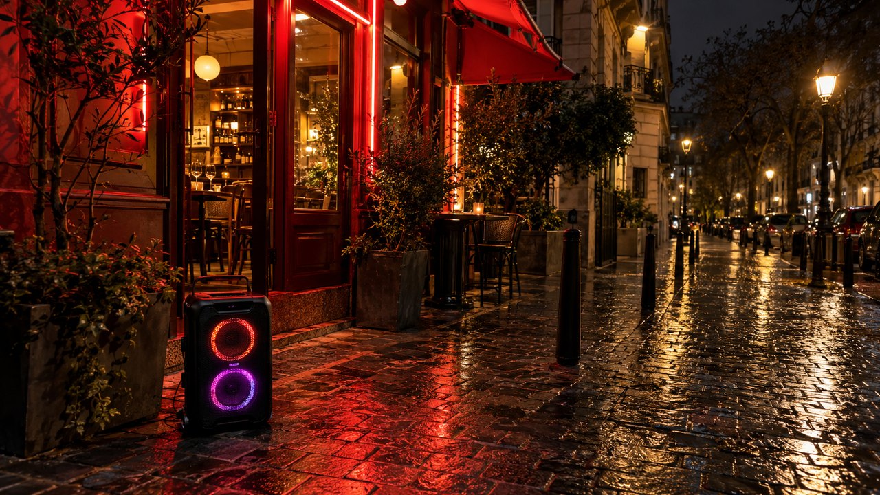 Night sidewalk outside a red-lit restaurant with a portable LED speaker