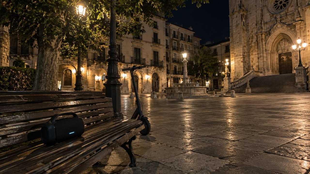 Night plaza with street lamps and a portable speaker on a bench