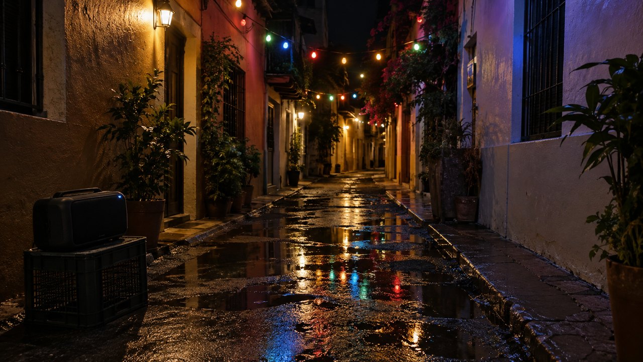 Narrow night alley with string lights and a speaker on a crate