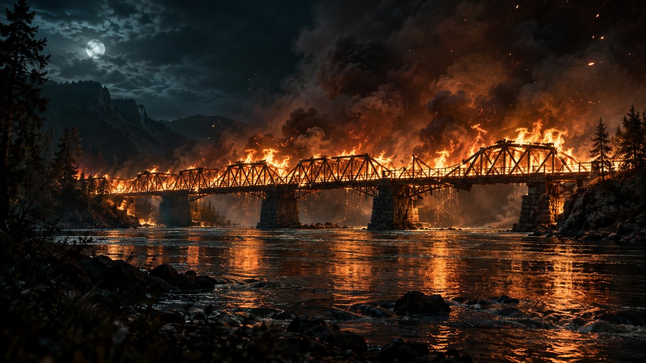 Old wooden bridge on fire over a dark river at night, embers and reflections