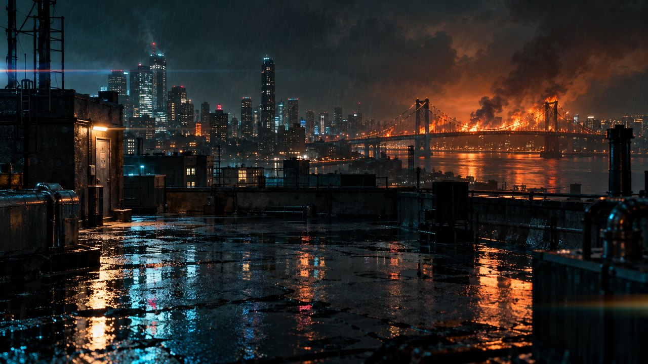 Rainy city rooftop at night with a burning bridge on the skyline