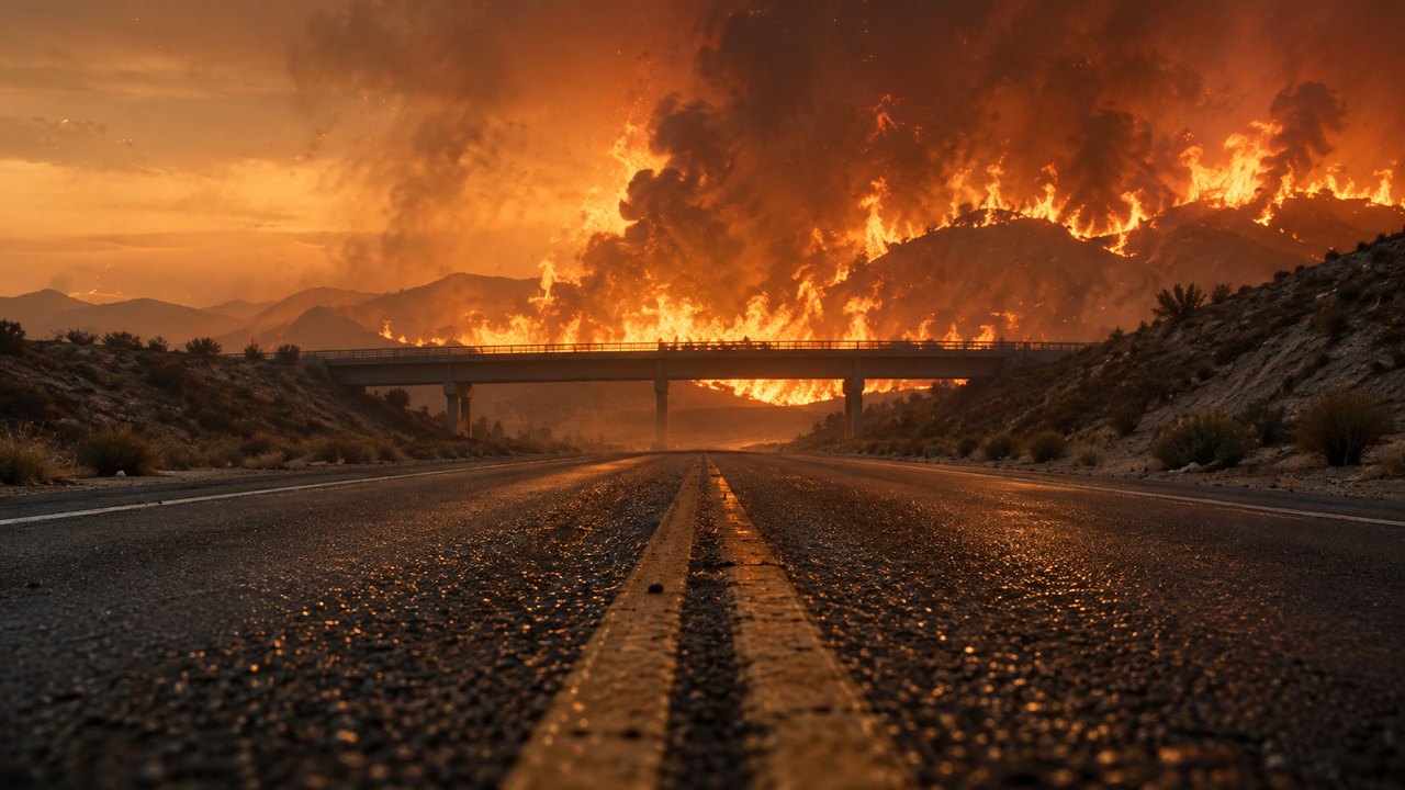 Empty desert highway at dusk with a wall of fire behind a concrete bridge