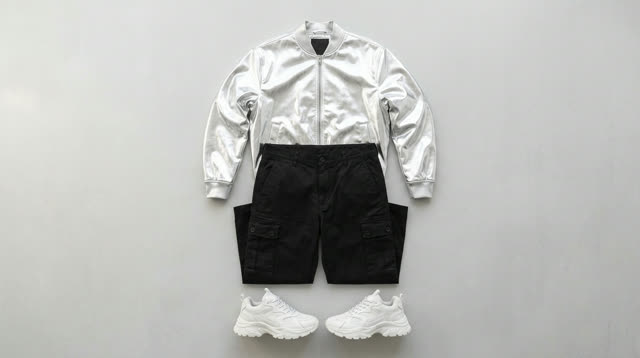 Reference: flat-lay of a silver bomber jacket, black cargo pants and white sneakers