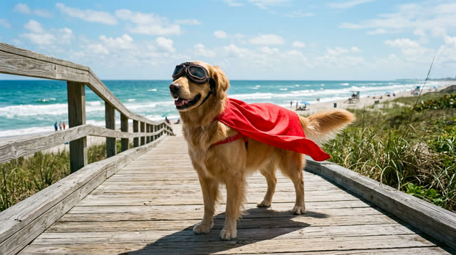 Reference: golden retriever in a red cape and goggles on a beach boardwalk