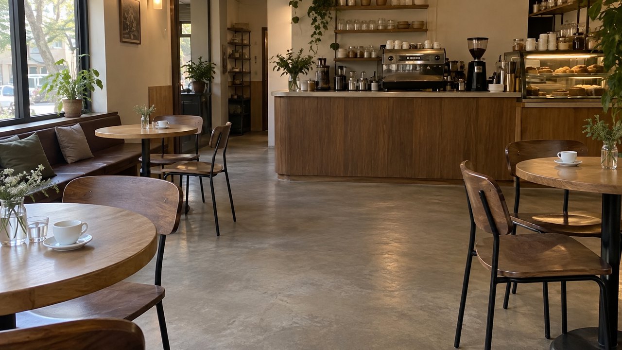 Empty everyday café interior with small tables and soft window light
