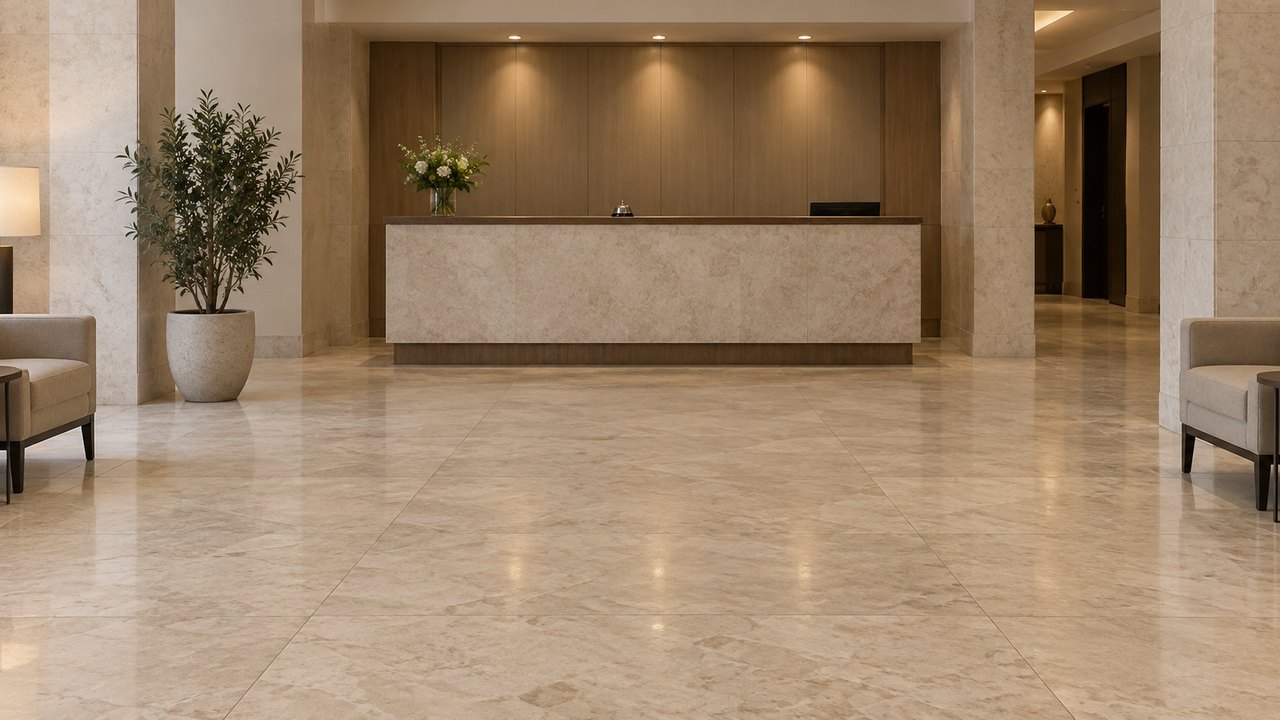 Plain hotel lobby with a marble floor, a potted plant and a reception desk