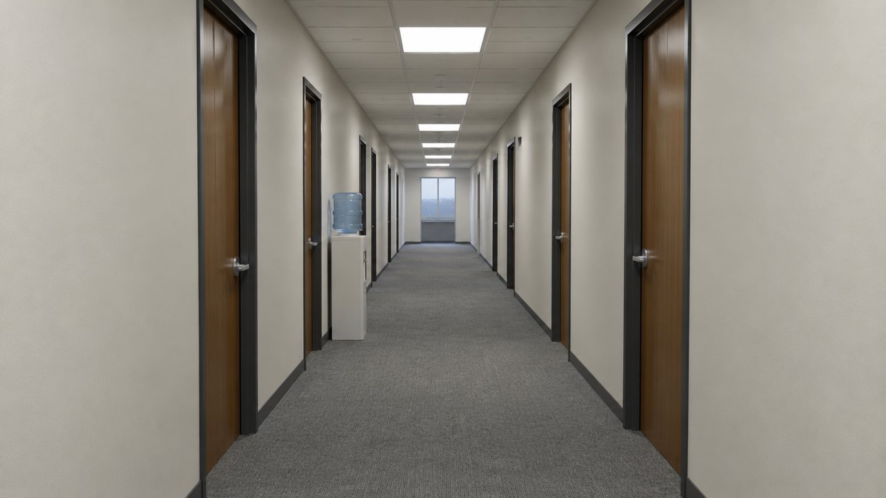 Long office hallway with fluorescent ceiling lights and closed doors