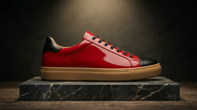 Reference: unbranded red patent low-top sneaker on a dark marble pedestal