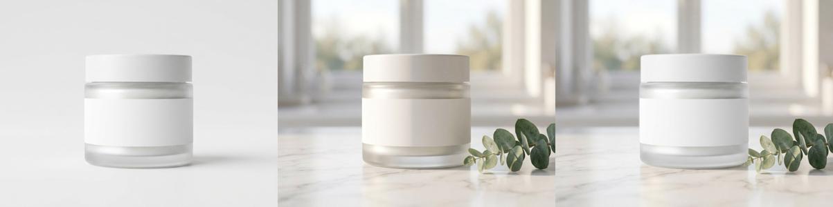 Three versions: original jar, AI-only edit that tinted the jar cream, and Keepframe keep-pixels result with the original white jar on a marble counter